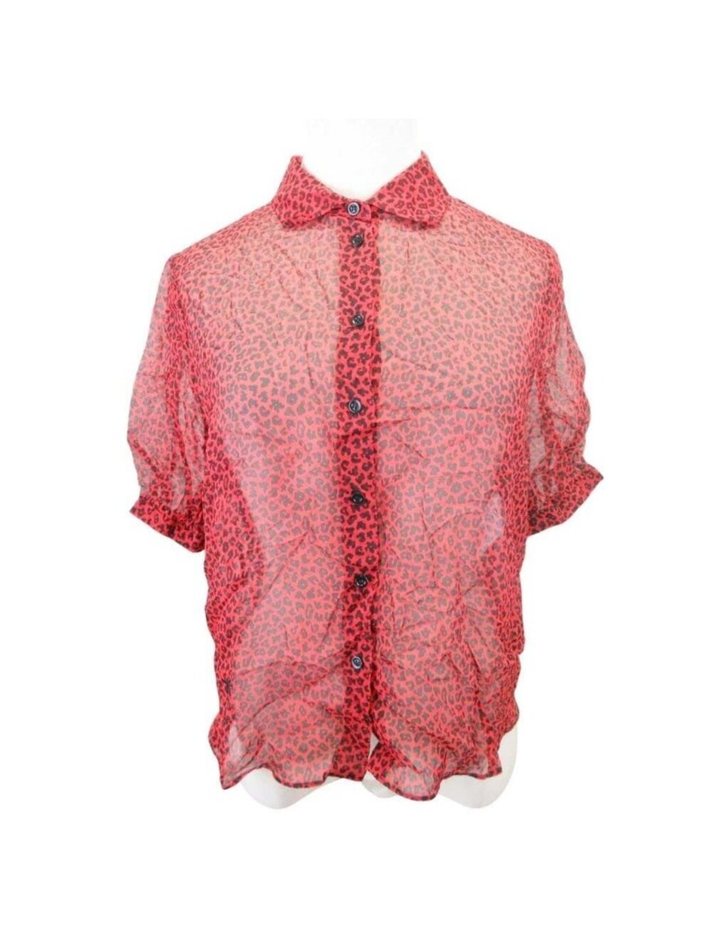 Dior Bee Embroidery Leopard Print Silk Chiffon Shirt Short Sleeve Blouse Red 34
